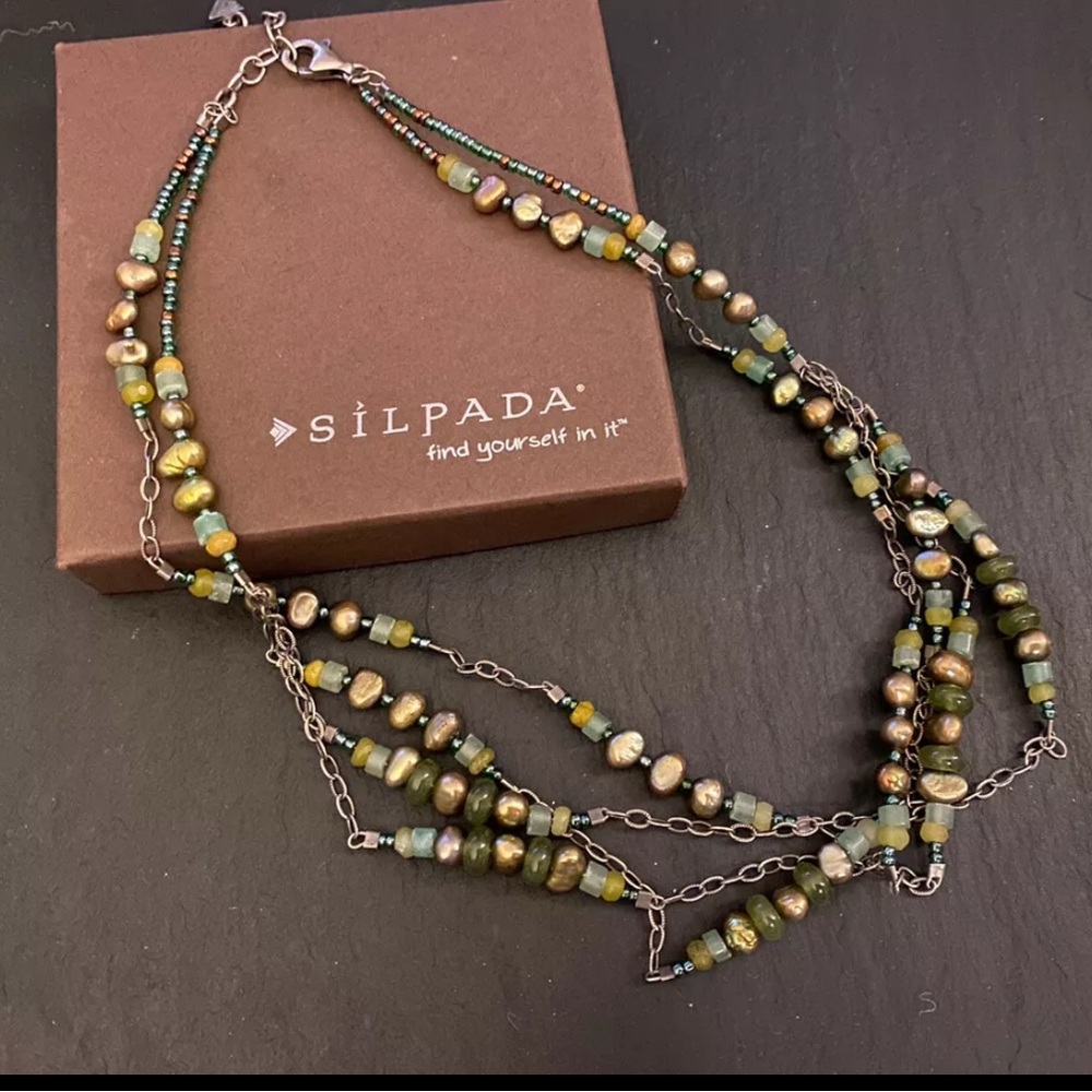 SILPADA N1683 Green Pearl & Jade Multi-Strand Sterling Silver Necklace